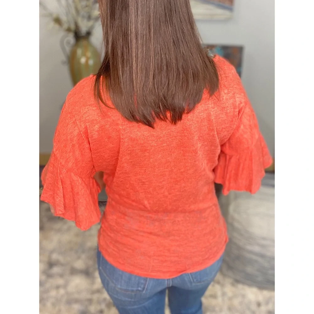 ❤️‍🔥Boat Neck Short Ruffle Bell Dolman Sleeve Top Coral 0922 - Picture 7 of 14